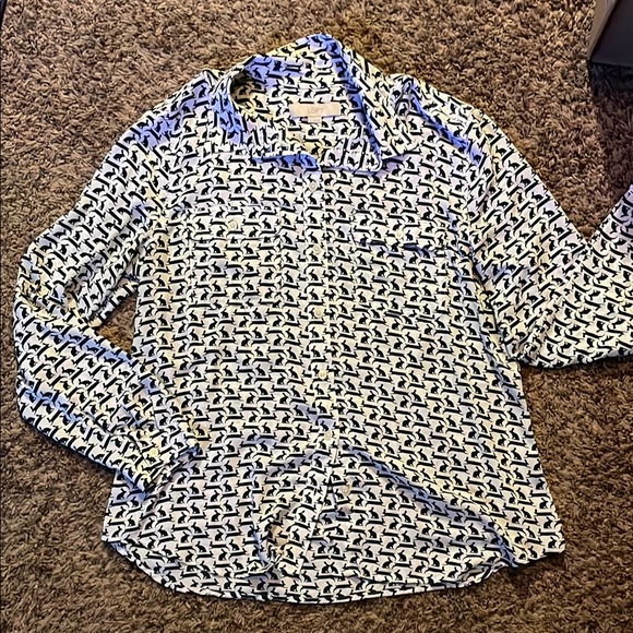 White and dark green rabbit patterned button down - Picture 1 of 4